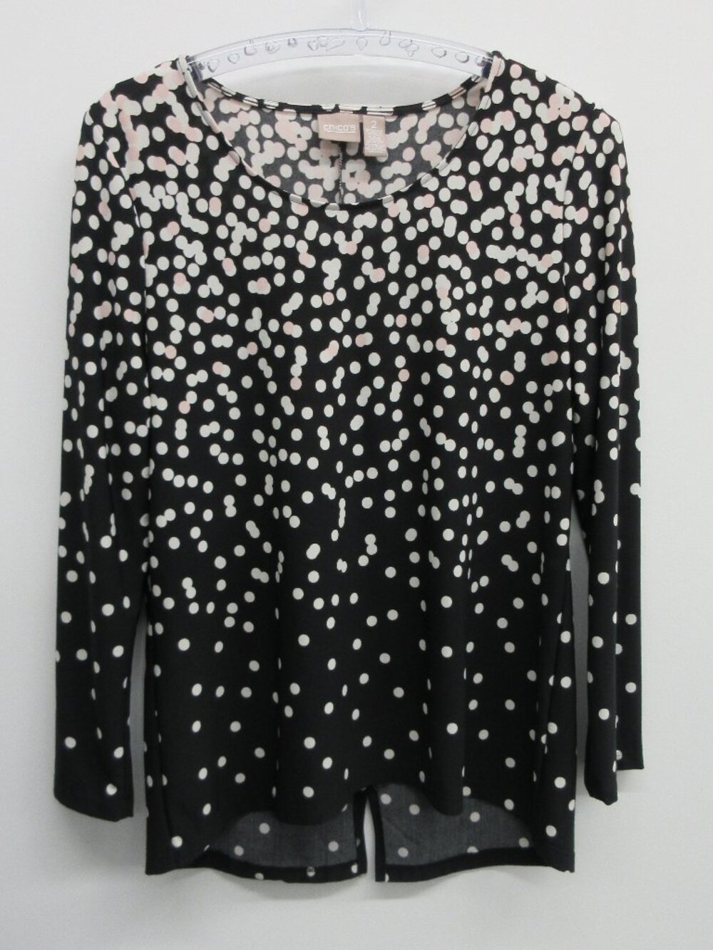 CHICO'S TOP WOMENS 3 L LARGE BLACK WHITE PINK DOTS LONG SLEEVE